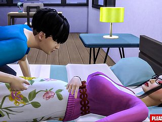Il figliastro scopa coryza matrigna coreana Asian-Mom condivide lo stesso letto con il suo figliastro nella camera d'albergo